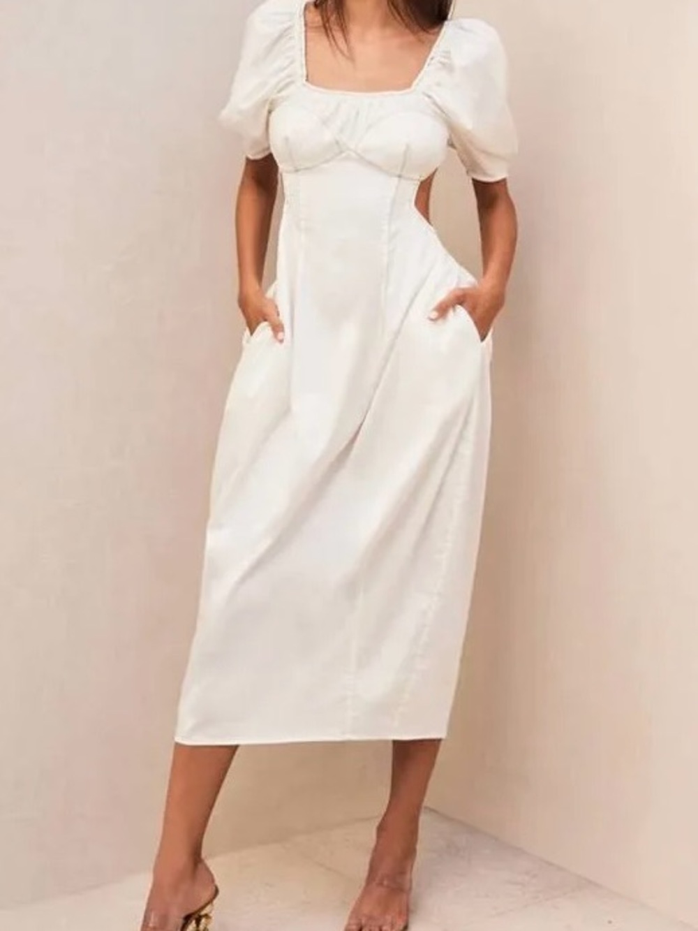 cult gaia White Puff-Sleeve Midi Dress with Side Cutouts
